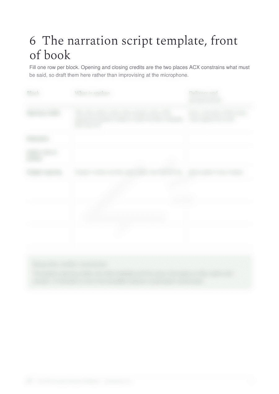 The narration script template page from the ACX Exclusivity Decision Workbook